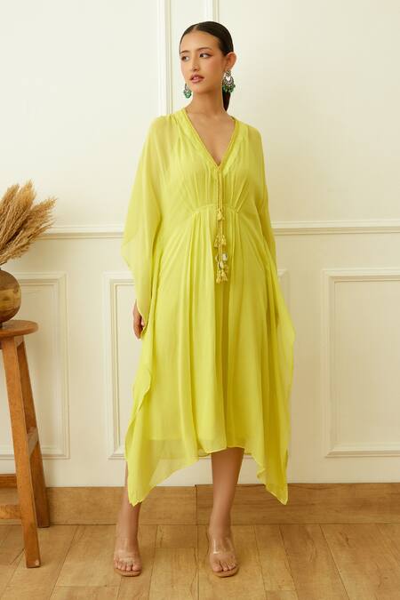 Buy_Nikasha_Green Viscose, Georgette Round Neck Pleated Solid Kaftan _Online_at_Aza_Fashions