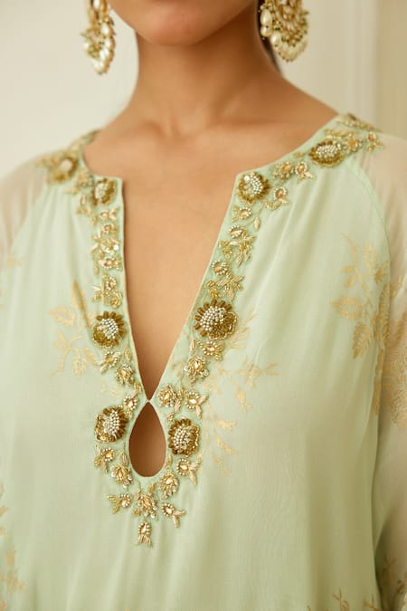 Nikasha_Green Viscose, Georgette Sequins, Foil Printing, Embroidery Kurta Sharara Set _Online_at_Aza_Fashions