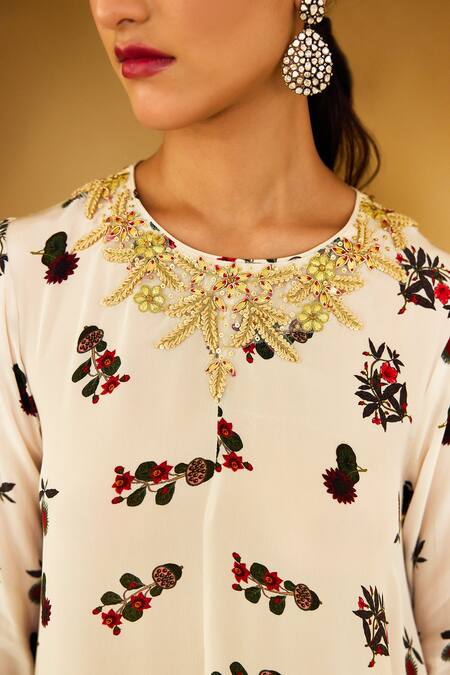 Nikasha Ivory Viscose, Crepe, Georgette Floral Print High Low Kurta With Sharara Online at Aza Fashions Nikasha_Ivory Viscose, Crepe, Georgette Floral Print High Low Kurta With Sharara _Online_at_Aza_Fashions