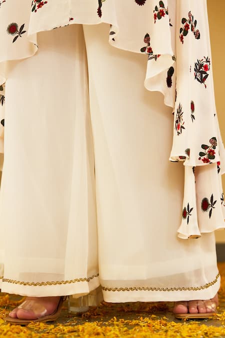 Shop Nikasha Ivory Viscose, Crepe, Georgette Floral Print High Low Kurta With Sharara Online at Aza Fashions Shop_Nikasha_Ivory Viscose, Crepe, Georgette Floral Print High Low Kurta With Sharara _Online_at_Aza_Fashions