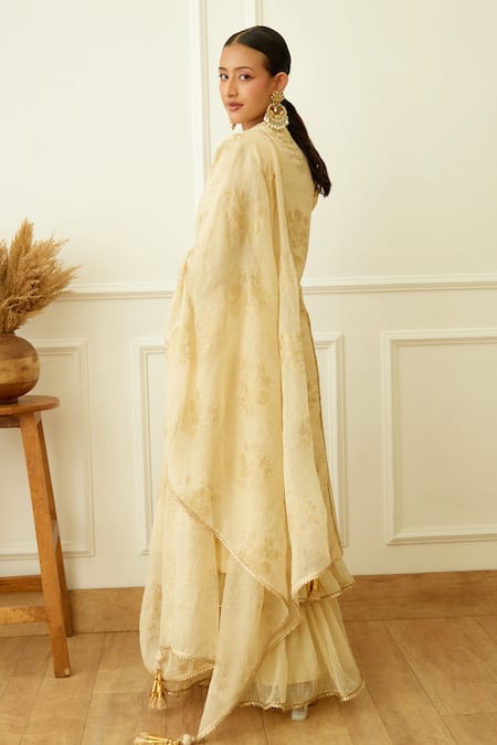 Shop_Nikasha_Off White Cotton, Silk, Handloom Cotton, Kota Floral Print Kurta Sharara Set _at_Aza_Fashions