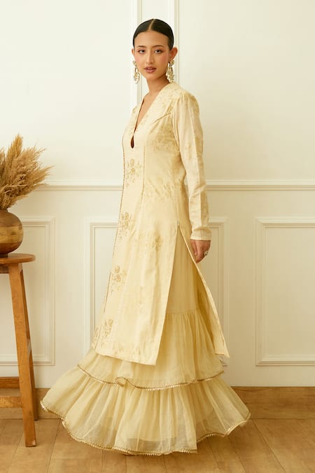 Nikasha_Off White Cotton, Silk, Handloom Cotton, Kota Floral Print Kurta Sharara Set _Online_at_Aza_Fashions