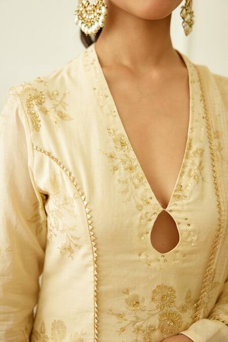 Buy_Nikasha_Off White Cotton, Silk, Handloom Cotton, Kota Floral Print Kurta Sharara Set _Online_at_Aza_Fashions