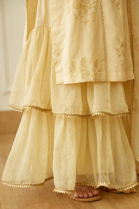 Shop_Nikasha_Off White Cotton, Silk, Handloom Cotton, Kota Floral Print Kurta Sharara Set _Online_at_Aza_Fashions