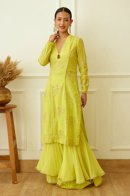 Nikasha_Green Viscose, Cotton, Silk Sequins, Embroidery Embellished Kurta Sharara Set _Online_at_Aza_Fashions