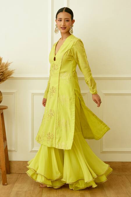 Buy_Nikasha_Green Viscose, Cotton, Silk Sequins, Embroidery Embellished Kurta Sharara Set _Online_at_Aza_Fashions