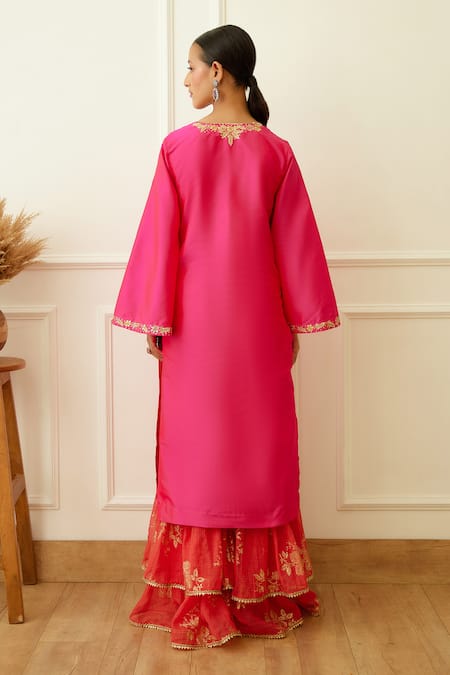 Shop Nikasha Pink Rayon, Kota Doria Sequins, Patti, Floral Kurta Sharara Set at Aza Fashions Shop_Nikasha_Pink Rayon, Kota Doria Sequins, Patti, Floral Kurta Sharara Set _at_Aza_Fashions