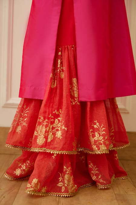 Shop Nikasha Pink Rayon, Kota Doria Sequins, Patti, Floral Kurta Sharara Set Online at Aza Fashions Shop_Nikasha_Pink Rayon, Kota Doria Sequins, Patti, Floral Kurta Sharara Set _Online_at_Aza_Fashions