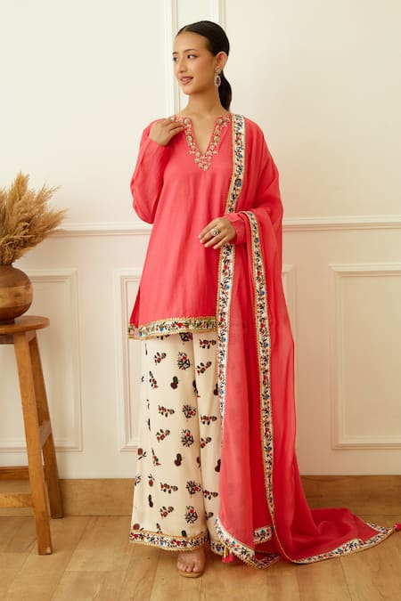 Nikasha Coral Kurta Cotton Silk Embeoidered Notched Sequin Sharara Set 