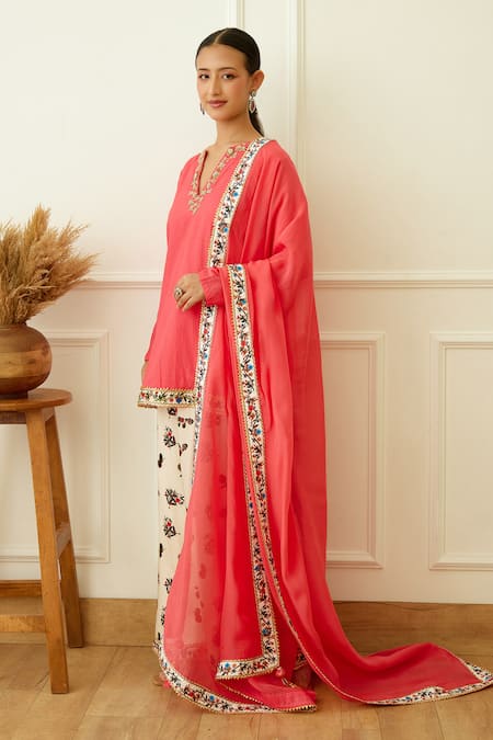 Nikasha_Coral Cotton, Silk, Crepe, Organza Sequins, Embroidery, Gota Kurta Sharara Set _Online_at_Aza_Fashions