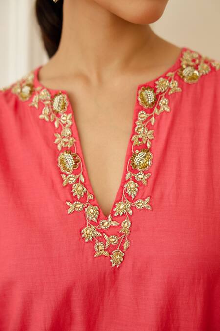 Buy_Nikasha_Coral Cotton, Silk, Crepe, Organza Sequins, Embroidery, Gota Kurta Sharara Set _Online_at_Aza_Fashions