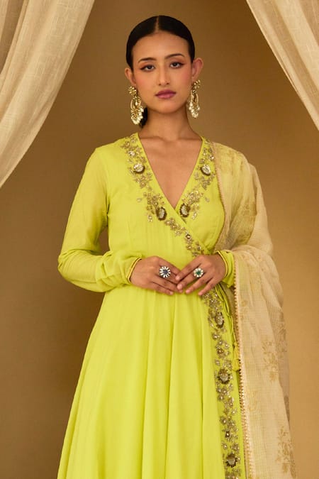 Nikasha Green , Silk, Handloom Floral Border Angrakaha Anarkali Set Online at Aza Fashions Nikasha_Green , Silk, Handloom Floral Border Angrakaha Anarkali Set _Online_at_Aza_Fashions
