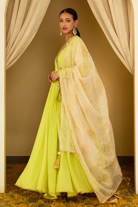 Shop Nikasha Green , Silk, Handloom Floral Border Angrakaha Anarkali Set Online at Aza Fashions Shop_Nikasha_Green , Silk, Handloom Floral Border Angrakaha Anarkali Set _Online_at_Aza_Fashions