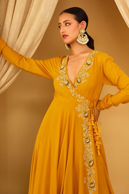 Nikasha_Yellow Cotton, Silk, Kota Doria Sequins, Floral Angrakaha Anarkali Set _Online_at_Aza_Fashions
