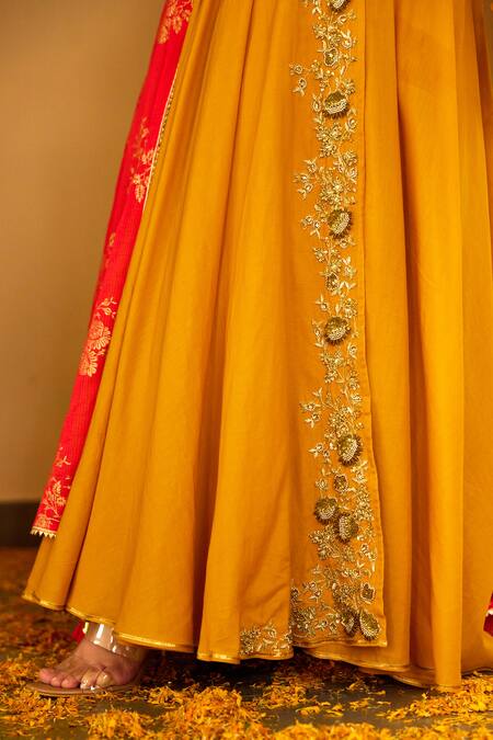 Buy_Nikasha_Yellow Cotton, Silk, Kota Doria Sequins, Floral Angrakaha Anarkali Set _Online_at_Aza_Fashions