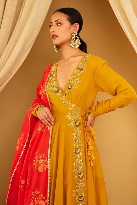 Shop_Nikasha_Yellow Cotton, Silk, Kota Doria Sequins, Floral Angrakaha Anarkali Set _Online_at_Aza_Fashions