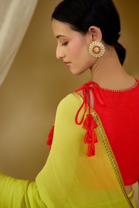 Buy Nikasha Green Silk, Chiffon Sequins, Tassels Round Neck Saree With Embroidered Blouse Online at Aza Fashions Buy_Nikasha_Green Silk, Chiffon Sequins, Tassels Round Neck Saree With Embroidered Blouse _Online_at_Aza_Fashions