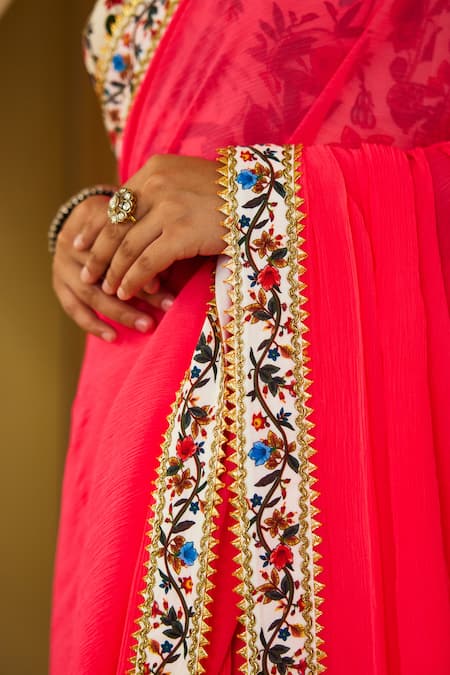 Buy_Nikasha_Pink Silk, Chiffon Embroidery, Sequins Saree With Kohinoor Jaal Print Blouse _Online_at_Aza_Fashions