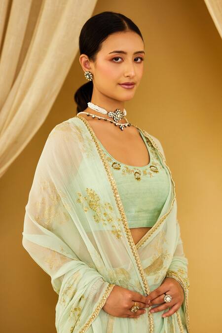 Nikasha Green Silk Zari, Sequins, Diamonds, Floral Foil Print Saree And Blouse Set Online at Aza Fashions Nikasha_Green Silk Zari, Sequins, Diamonds, Floral Foil Print Saree And Blouse Set _Online_at_Aza_Fashions