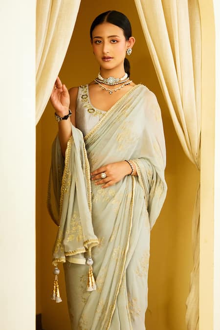 Nikasha Grey Silk, Chiffon Sequins, Zari, Embroidery Foil Floral Print Saree With Blouse Online at Aza Fashions Nikasha_Grey Silk, Chiffon Sequins, Zari, Embroidery Foil Floral Print Saree With Blouse _Online_at_Aza_Fashions