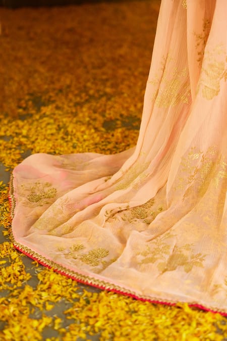 Shop Nikasha Peach Silk, Chiffon Sequins, Tassels Botanical Foil Print Saree With Blouse Online at Aza Fashions Shop_Nikasha_Peach Silk, Chiffon Sequins, Tassels Botanical Foil Print Saree With Blouse _Online_at_Aza_Fashions