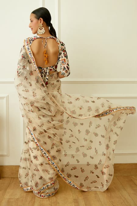 Shop Nikasha Ivory Silk Organza, Viscose Embroidery Kohinoor Butti Print Saree With Blouse at Aza Fashions Shop_Nikasha_Ivory Silk Organza, Viscose Embroidery Kohinoor Butti Print Saree With Blouse _at_Aza_Fashions