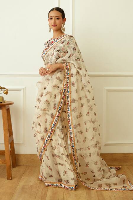 Nikasha Ivory Silk Organza, Viscose Embroidery Kohinoor Butti Print Saree With Blouse Online at Aza Fashions Nikasha_Ivory Silk Organza, Viscose Embroidery Kohinoor Butti Print Saree With Blouse _Online_at_Aza_Fashions