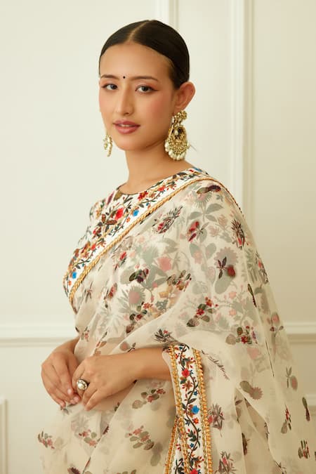 Buy Nikasha Ivory Silk Organza, Viscose Embroidery Kohinoor Butti Print Saree With Blouse Online at Aza Fashions Buy_Nikasha_Ivory Silk Organza, Viscose Embroidery Kohinoor Butti Print Saree With Blouse _Online_at_Aza_Fashions