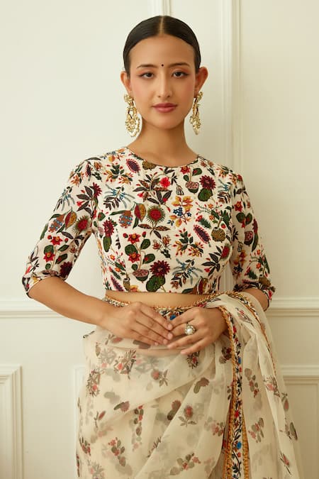 Shop Nikasha Ivory Silk Organza, Viscose Embroidery Kohinoor Butti Print Saree With Blouse Online at Aza Fashions Shop_Nikasha_Ivory Silk Organza, Viscose Embroidery Kohinoor Butti Print Saree With Blouse _Online_at_Aza_Fashions