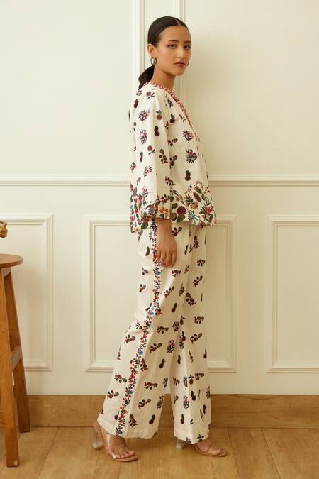 Nikasha_Ivory Cotton Beads, Embroidery Split V-neck Kohinoor Buta Print Top With Pant _Online_at_Aza_Fashions