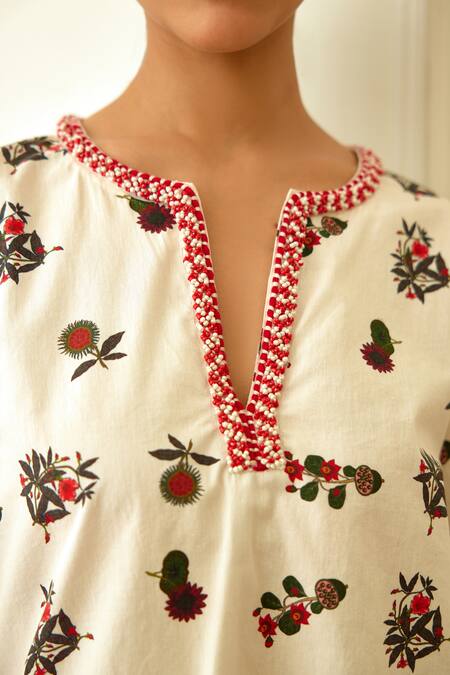 Buy_Nikasha_Ivory Cotton Beads, Embroidery Split V-neck Kohinoor Buta Print Top With Pant _Online_at_Aza_Fashions