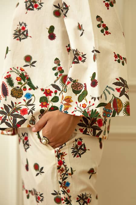 Shop_Nikasha_Ivory Cotton Beads, Embroidery Split V-neck Kohinoor Buta Print Top With Pant _Online_at_Aza_Fashions