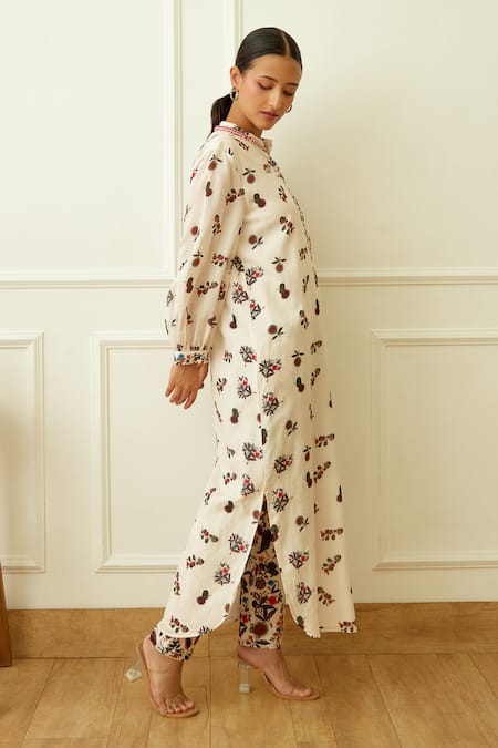 Nikasha_Ivory Cotton, Silk Beads Mandarin Collar Kohinoor Buta Print Kurta With Pant _Online_at_Aza_Fashions