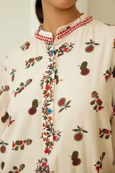 Buy_Nikasha_Ivory Cotton, Silk Beads Mandarin Collar Kohinoor Buta Print Kurta With Pant _Online_at_Aza_Fashions