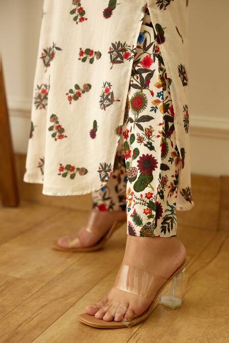 Shop_Nikasha_Ivory Cotton, Silk Beads Mandarin Collar Kohinoor Buta Print Kurta With Pant _Online_at_Aza_Fashions