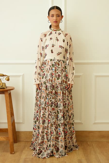 Nikasha Ivory Viscose, Georgette Embroidery Round Neck Kohinoor Buta Print Maxi Dress Online at Aza Fashions Nikasha_Ivory Viscose, Georgette Embroidery Round Neck Kohinoor Buta Print Maxi Dress _Online_at_Aza_Fashions