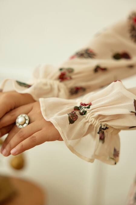 Shop Nikasha Ivory Viscose, Georgette Embroidery Round Neck Kohinoor Buta Print Maxi Dress Online at Aza Fashions Shop_Nikasha_Ivory Viscose, Georgette Embroidery Round Neck Kohinoor Buta Print Maxi Dress _Online_at_Aza_Fashions