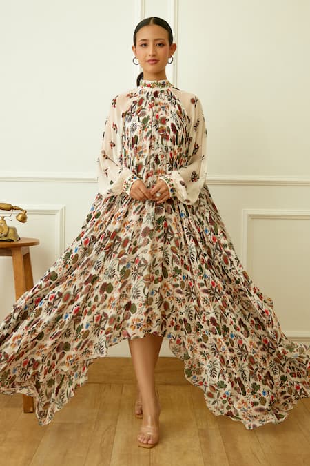 Nikasha_Ivory Viscose, Georgette Embroidery Round Kohinoor Buta Print Asymmetric Dress _Online_at_Aza_Fashions