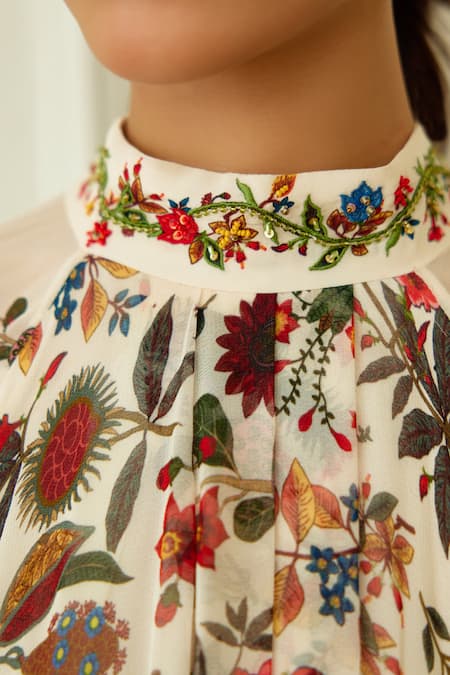 Buy_Nikasha_Ivory Viscose, Georgette Embroidery Round Kohinoor Buta Print Asymmetric Dress _Online_at_Aza_Fashions