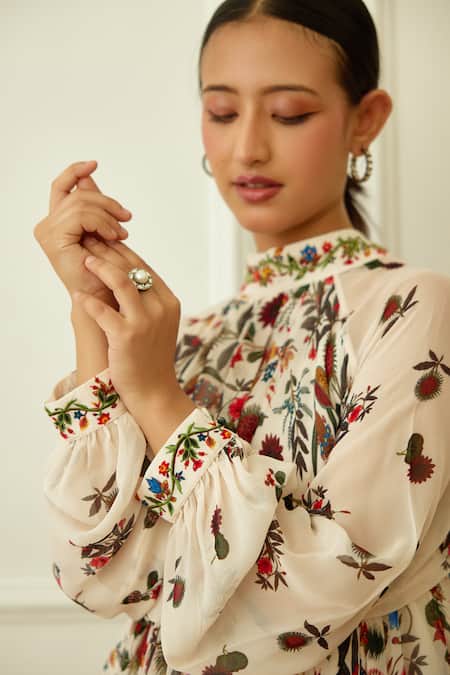 Shop_Nikasha_Ivory Viscose, Georgette Embroidery Round Kohinoor Buta Print Asymmetric Dress _Online_at_Aza_Fashions