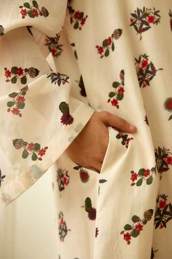 Nikasha_Ivory Cotton, Silk Split V-neck Kohinoor Buta Print Kaftan Dress _Online_at_Aza_Fashions