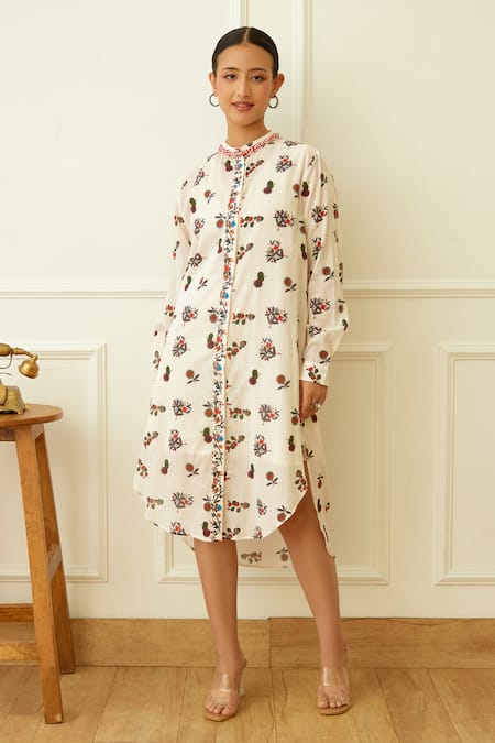 Nikasha Ivory Cotton Beads Collared Kohinoor Buta Print Shirt Dress