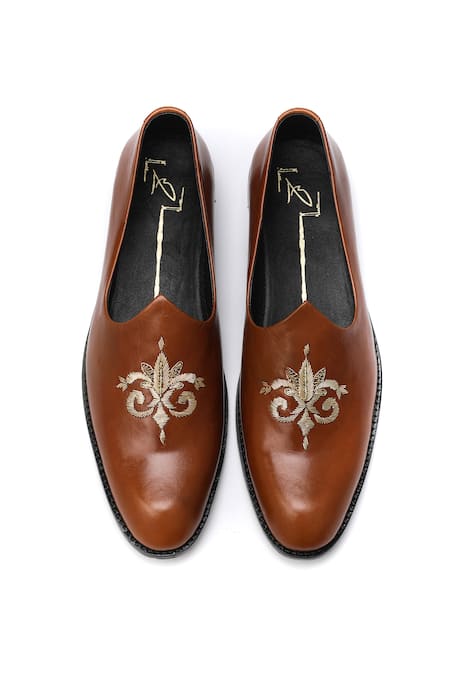 Shop_Nidhi Bhandari_Brown Swarovski Embroidered Tan Mojadi _at_Aza_Fashions