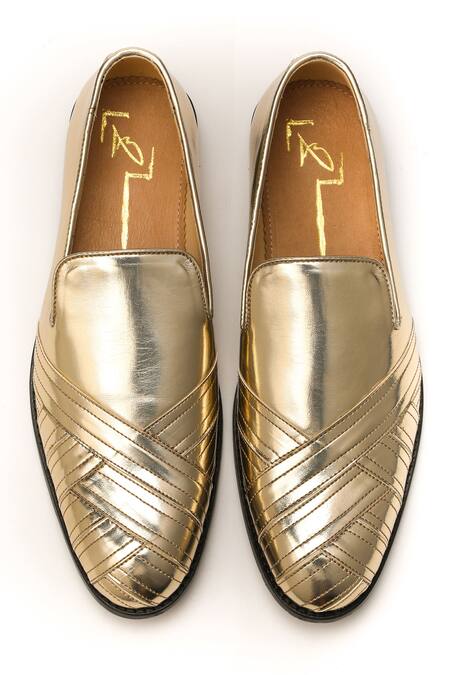 Shop_Nidhi Bhandari_Gold Textured Mocassins _at_Aza_Fashions