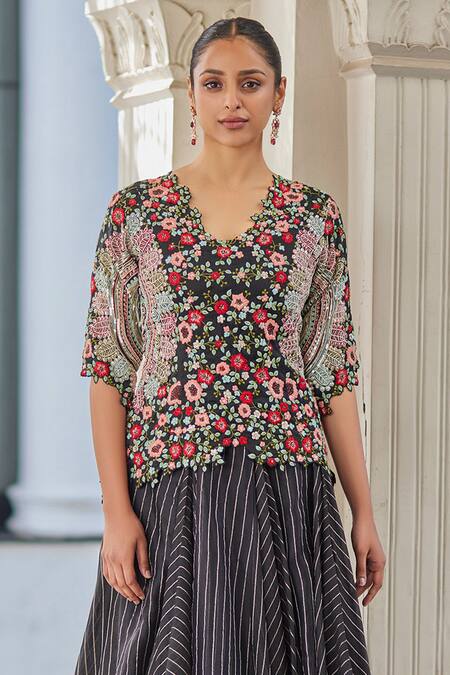 Osaa By Adarsh_Black Organza Embroidery, Sequins Round Neck Hand Top And Skirt Set_Online_at_Aza_Fashions