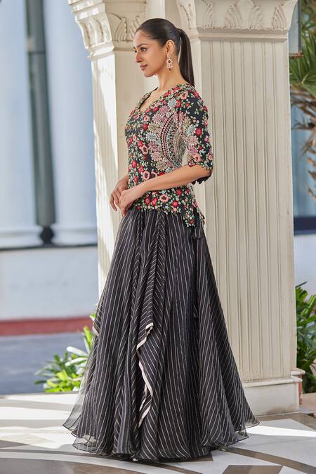 Buy_Osaa By Adarsh_Black Organza Embroidery, Sequins Round Neck Hand Top And Skirt Set_Online_at_Aza_Fashions