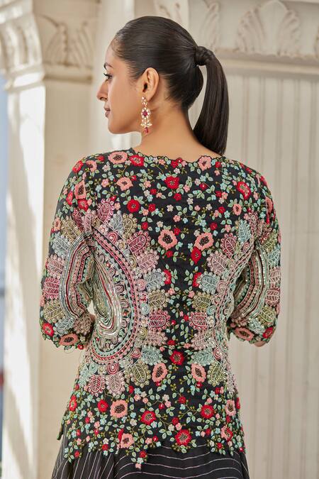 Shop_Osaa By Adarsh_Black Organza Embroidery, Sequins Round Neck Hand Top And Skirt Set_Online_at_Aza_Fashions