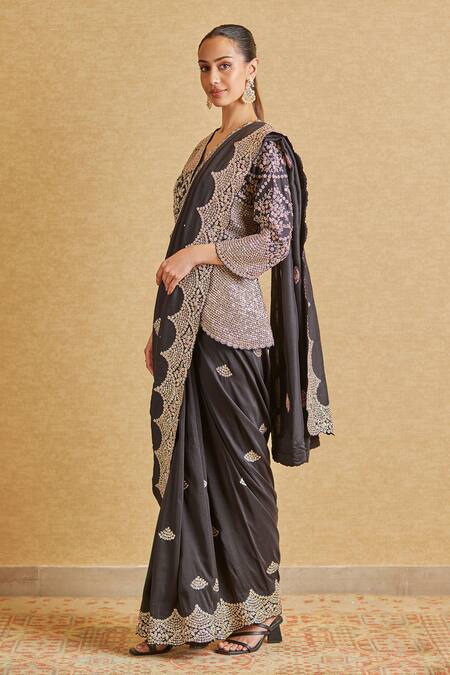 Osaa By Adarsh_Black Silk Sequins, Beads, Embroidery V-neck Saree With Blouse_Online_at_Aza_Fashions