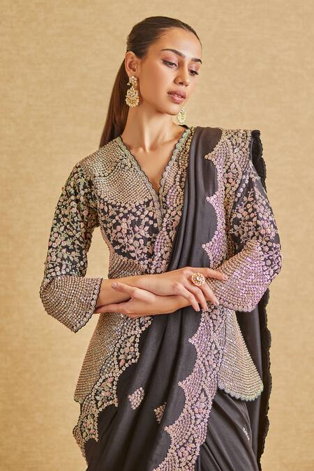 Buy_Osaa By Adarsh_Black Silk Sequins, Beads, Embroidery V-neck Saree With Blouse_Online_at_Aza_Fashions