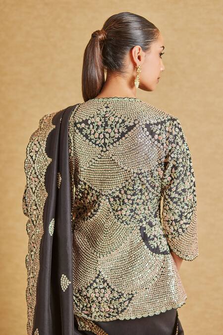 Shop_Osaa By Adarsh_Black Silk Sequins, Beads, Embroidery V-neck Saree With Blouse_Online_at_Aza_Fashions